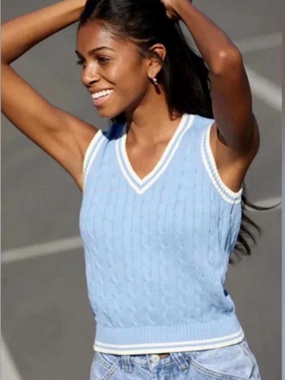 Brandy Melville Light Blue Cable Knit V-Neck Sweater Vest with White Trim